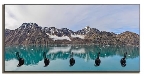 Wallario Wandgarderobe aus Holz in Größe 80 x 40 cm in Premium-Qualität, Motiv: Berge im arktischen Meer | 5 Kleiderhaken zum Aufhängen