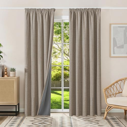Runyéla 100% Rideau Occultant Thermiques Isolant Anti Froid, 2x160x200(LxH) Rideaux Lin Opaque avec Galon Fronceur pour Rail de Salon Chambre Masion Anti Chaleur Bruit