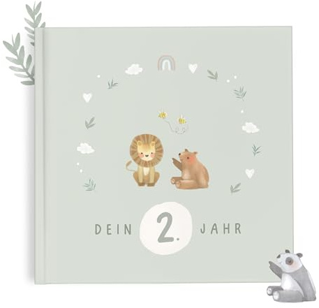 mintkind® Babyalbum zweites Lebensjahr Hardcover Babytagebuch zum Eintragen Erinnerungsbuch und Fotoalbum Baby Geschenkidee für Jungen und Mädchen liebevoll gestaltetes Babybuch Salbei