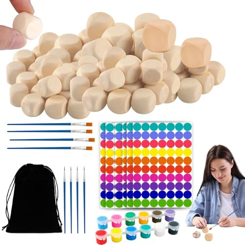 HUILLIGHT DIY Holz-Würfel Set für Erwachsene– 80 Leere Würfel, 420 Bunte Aufkleber, 12 Farben Acrylfarben, 8 Pinsel – Kreatives Bastelset für personalisierte Entscheidungswürfel