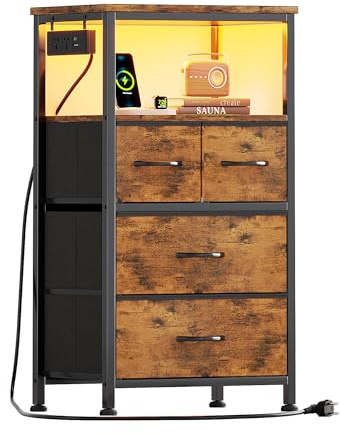 Flrrtenv Bedside Table with Charging Station, 4 Drawers Bedside Cabinet for Bedroom, LED Night Stand with Storage Shelf, End Table with 2 AC Outlets & 2 USB Ports for Living Room, Brown