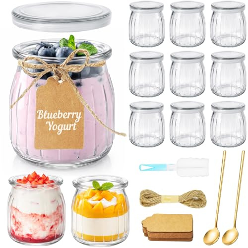 MirraSwit 12 Piezas 200ml Vasos Yogurtera con Tapa & Cucharada, Transparente Tarro Cristal con Tapa, Botes Pequeños de Cristal, con Pegatinas de Etiqueta, Cepillos para Postres, Mermeladas, Miel