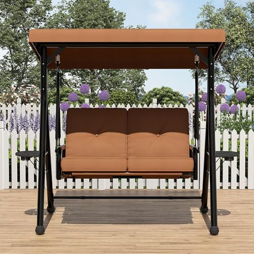Hollywoodschaukel 2-Sitzer Mit Verstellbarem Sonnendach & Standgestell, Gartenschaukel Mit Abnehmbarem Kissen, Getränkehaltern & Klapptisch, Wasserabweisend Für Terrasse Garten, Bis 280kg, Braun