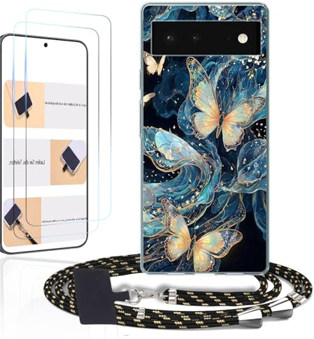 WUACYEAMING Coque pour Google Pixel 6 Pro,avec Cordon & 2 Verre Trempé,Transparent Coque Collier Réglable Téléphone Étui Portable Lanyard Case Papillon à Motifs
