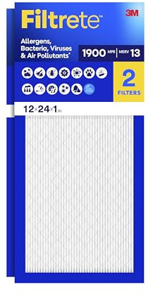 Filtrete 12x24x1 AC Furnace Air Filter, MERV 13, MPR 1900, Premium Allergen, Bacteria & Virus Filter, 3-Month Pleated 1-Inch Electrostatic Air Cleaning Filter, 2-Pack (Actual Size 11.69x23.69x0.78 in)