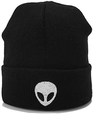 Joylife Alien Bestickte Mütze mit Manschette, grafische Strickmütze, Totenkopfkappe, doppellagig, Winteruhrenhüte für Damen und Herren, Schwarz, Einheitsgröße/L