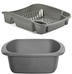 Plastic Small Washing up Bowl and Small Dish Drainer Rack Kitchen Plate Holder Set of 2 (Silver)