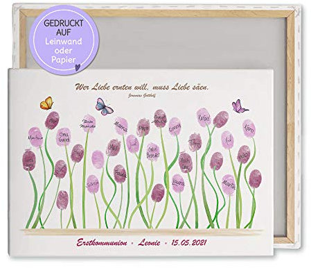 Feenstaub Personalisierbarer Fingerabdruck-Print mit Name und Spruch für Erstkommunion, Konfirmation, Firmung oder Jugendweihe, Blumenwiese, Alternative zum Gästebuch, Geschenkidee