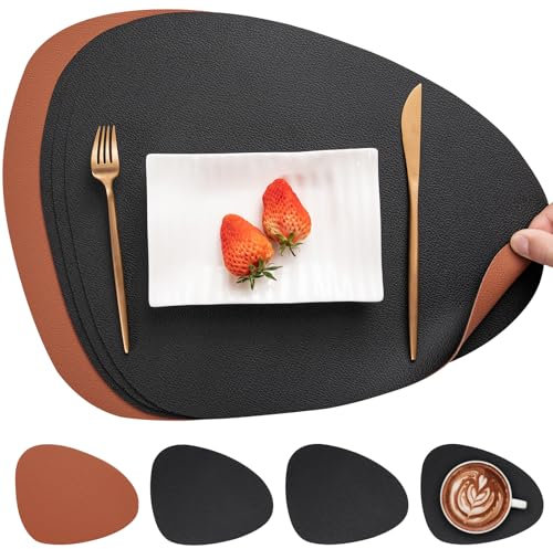 Myir JUN Tischsets Leder und Untersetzer, Tischsets Abwaschbar Rund Doppelseitigen rutschfest Platzdeckchen Leder Kunstleder Tischset Lederoptik Platzset (Schwarz Braun, Satz von 4)