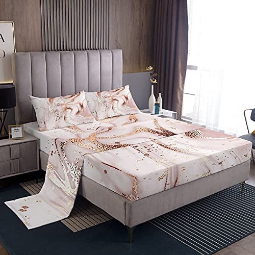 Rose Gold Marble Fitted Sheet Marble Bed Sheet Set For Kids Children Teens Golden Glitter Cracked Lines Bedding Set Liquid Abstract Art Bed Cover Single Size 3Pcs
