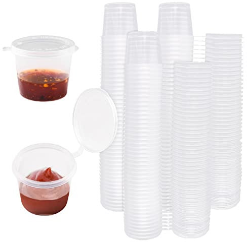 QUACOWW 150 recipientes redondos de 25 ml para alimentos con tapas, caja de plástico reutilizable con tapa, para restaurantes, comida para llevar, para salsas pequeñas, ketchup, ensaladas (1 onza)