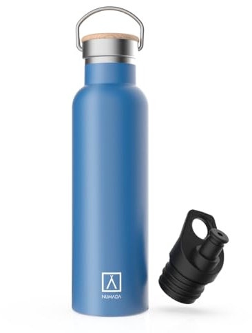 NUMADA-Bottiglia personalizzata con nome blu 600ml in acciaio inossidabile con rivestimento in ceramica | 24H freddo e 12H caldo | Bocca larga | Senza BPA | Include 2 cappellini (1 sport) e borsa