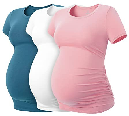 LAPASA Damen 3 er Pack Umstandstop Umstandsmode Umstandskleidung Tops Schwangerschaft Kurzarm Umstands T-Shirt L55, Blaugrün, Weiß, Rosa, L