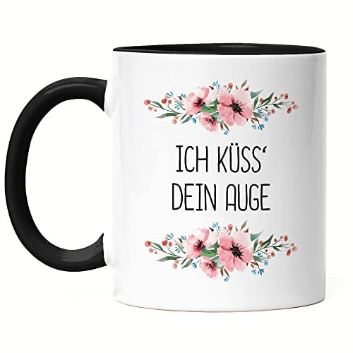 Hey!Print Tasse Schwarz mit Spruch Küsse dein Auge lustig sarkastisch humorvoll Kaffeetasse mit Blumen Motiv Geschenk