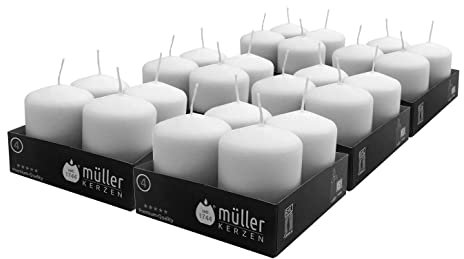 Müller Stumpenkerzen - Set mit 24 Säulenkerzen - Farbe Weiß - 48 x 62 mm - Lange Brenndauer: 10 stunden - Tropffrei Wachskerzen, Geruchlos - RAL Qualität
