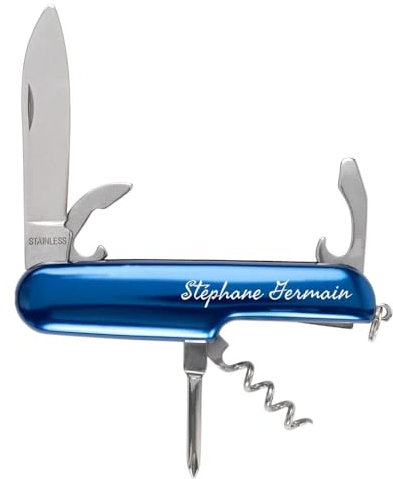 Couteau de poche multifonction bleu avec une gravure texte – Couteau personnalisé multifonctions bleu avec 5 outils – Couteau personnalisable de poche