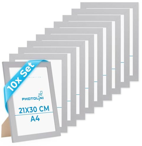 PHOTOLINI Bilderrahmen A4 Set Holz MDF, 10er Set breite DIN A4 Bilderrahmen 21x30 Silber, bruchsicheres Acrylglas, picture frame zum Aufhängen & Aufstellen, Bilder Rahmen 30x21 mit Zubehör