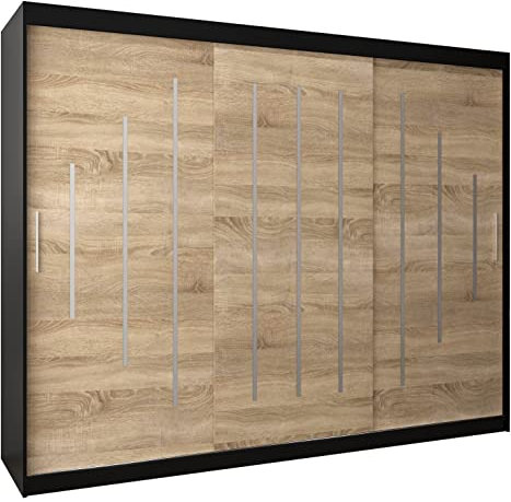 Kryspol Schwebetürenschrank York 250 cm Kleiderschrank mit Kleiderstange und Einlegeboden Schlafzimmer- Wohnzimmerschrank Schiebetüren Modern Design (Schwarz + Sonoma)