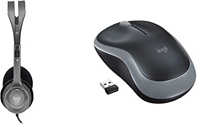 Logitech H110 Wired Headset, Stereo Headphones with Noise-Cancelling Microphone, 3.5-mm Dual Audio Jack, PC/Mac/Laptop - Black & M185 Wireless Mouse, 2.4GHz with USB Mini Receiver, Grey
