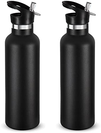 Volhoply 750ml Gourde Inox avec Paille 2 Paquets, Bouteille Isotherme à Double Paroi Avec Couvercle Sans BPA, Bottle Réutilisable en Métal pour École, Sport, enfant, Cadeaux(Noir,2 Set)