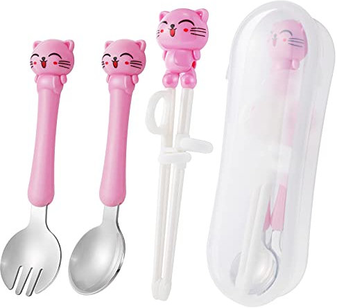 Palillos de Entrenamiento para Niños, Gato Formación Palillos 3Pcs Entrenamiento de Animales Palillos Ayudante Palillos Chinos para Niños Principiantes Con Cuchara Caja para Guardar, Rosado