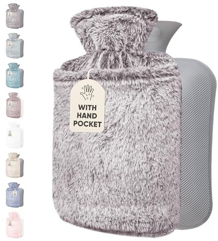 Qomfor Hot Water Bottle with Cover UK - 1.8L Large Fluffy Hot Water Bottle with Kangaroo Pocket for Period Pain Relief, Back Pain. Provides Warmth for The Body - Premium Soft, Cozy Cover (Dark Grey)