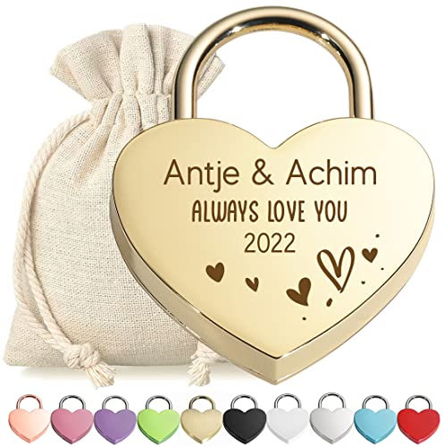 Herz-Schloss Liebesschloss Vorhängeschloss personalisierte Gravur Gold - Motiv Always Love You - mit Schlüssel - Stoffbeutel - Metall eloxiert - Valentinstag - Paar-Geschenk - Love, Liebe