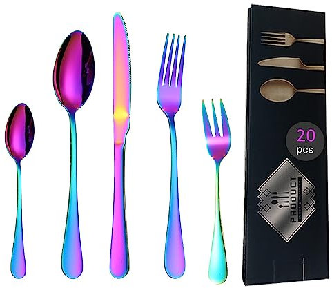 Ensemble de couverts, couverts arc-en-ciel 20 pièces, ensemble vaisselle en acier inoxydable poli miroir, couverts colorés pour Home Kitchen Restaurant (Pièces colorées 20)