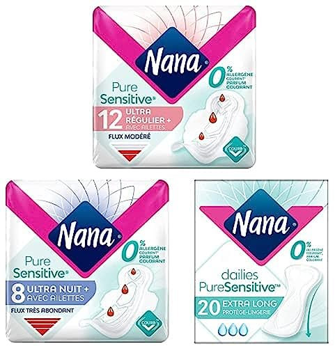 Lot Nana PureSensitive Serviettes Flux Modéré (12 Serviettes) + Nana PureSensitive Serviettes - Flux Très Abondant (8 Serviettes) + Nana PureSensitive XL Protège-Lingerie (20 Protège-Slips)