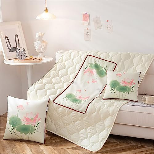 Surwin Reisedecke Kissen 2 In 1,Lotus Blume Muster Flugzeug/Auto Kissen Decke Verwandlungskissen Decke mit Reißverschluss, Mikrofaser Steppdecke Zierkissen Wohndecke (150x195cm,Lotus Blatt)