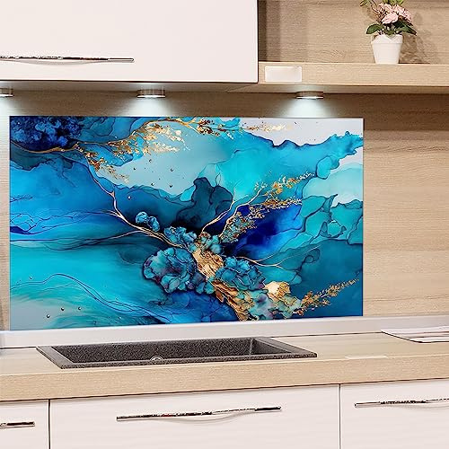 GRAZDesign Protection contre les éclaboussures pour crédence de cuisine en verre pour la cuisine pour la cuisinière et l'évier de cuisine, marbre bleu, turquoise avec des lignes dorées | Plaque de