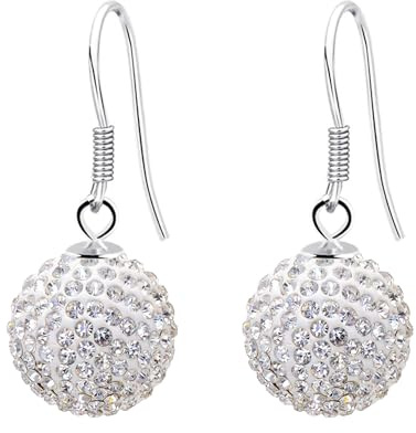 LÖB 925 Silber Ohrringe Hängend Glitzer Zirkonia Stein Perlen Tropfen Weiß Damen Perlenohrringe Anhänger Glitzerkugel Strass Shamballa Kugel Rund