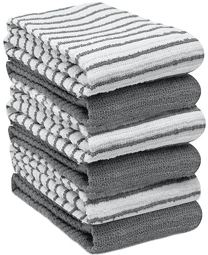 Towelogy Kitchen Tea Towels Set Of 6 Cotton - 40 x 60 cm Super Soft & Quick Drying Dish Cloths - Striped & Solid Designed (Grey/White, 6)