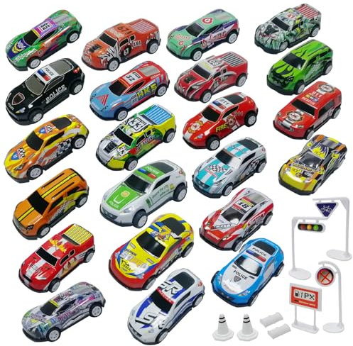 TOYABI Toy Cars for Kids, 22Pcs Metal Race Car Set with 8 Roadblock, Mini Pull Back Playset, Christmas Birthday Party Gifts, Micro Machines Vehicles Toys for 3 4 5 6 7 8 Year Old Boys & Girls