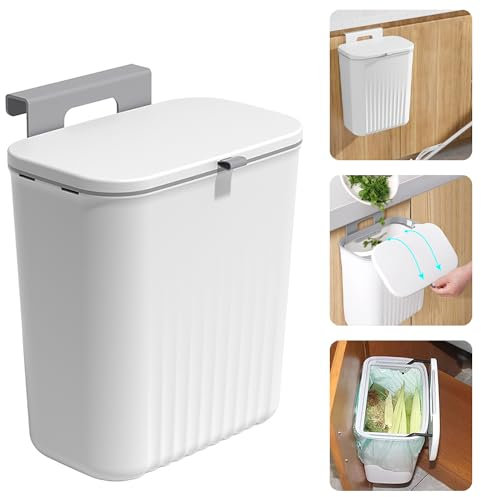Accmuzzy Kitchen Bin, Under Kitchen Counter Bins with Lid,9L Food Waste Caddy Rubbish Dustbin Wall Mounted for Under Sink,Cupboard Door,Kitchen Cabinet,Camping,Bathroom,Bedroom (White)
