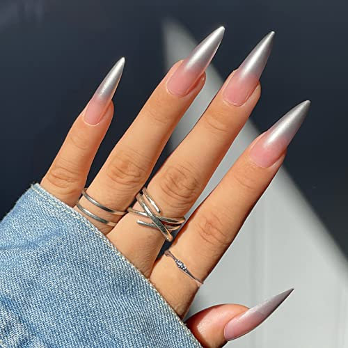 JUSTOTRY 24 Pcs Gradient Gris Stiletto Faux Ongles Long,Nude French Press on Nails,Solide Amande Faux Ongle avec Colle Pour Femme et Ado,Pointu Faux Ongles à Coller avec Nail Art