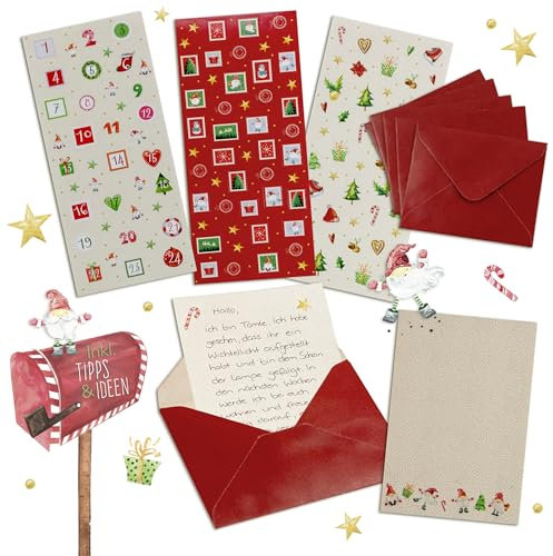 GreenLine Wichtelpost Set Weihnachten inkl. QR-Code für Ideen | 1x Block, 25 rote mini Umschläge, 3x Stickerbogen mit Zahlen 1-24, Briefmarken und Motiven | Wichtel Adventskalender | Skorpion