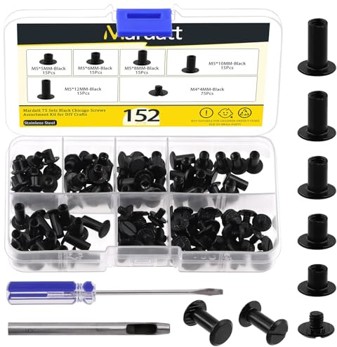 Mardatt Lot de 152 vis Chicago, 5 tailles, avec perforateur et tournevis, M5 x 5/6/8/10/12 mm, en acier au carbone, rivet Chicago, rivet pour réparation du cuir DIY (noir)