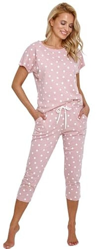Mademoiselle Sommeil Damen Schlafanzug Capri | Pyjama aus 100% Baumwolle | kurzärmliges Oberteil in altrosa mit weißen Punkten und Rundhalsausschnitt | 3/4 Bermuda-Hose mit seitlichen Eingriffstaschen