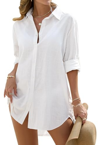 RITOSTA Women Beach Cover Up Button Down Shirt Beachwear Beach Dresses Long Sleeve Blouse Swimwear Bikini Swimsuit Cover Up Casual Shirt Dresses with Pocket