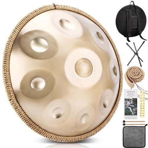 BIILOYY Handpan Drum in D Moll 440Hz 9 Töne 22 Zoll Stahl Pan, mit weicher Handpan Tasche, Handtrommelständer, Schlägeln, Harmonische Percussion, für Klangheilung, persönliche Meditation, Yoga
