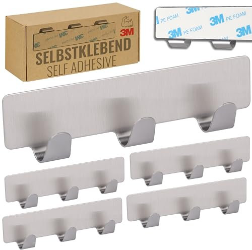 RICOO Hakenleiste mit 3 Haken, Handtuchhaken ohne Bohren, 5 Stück, Kleiderhaken Selbstklebend, MH020-5, Badezimmerhaken, 12 cm, Klebehaken, Wandhaken, Haken zum Kleben, Edelstahl, Silber