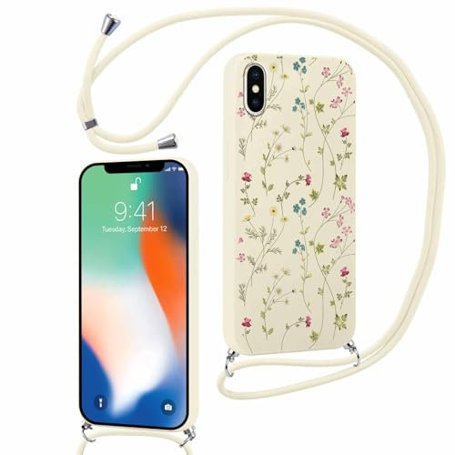 Xylota Handykette Handyhülle für iPhone X/iPhone XS 5,8 Hülle mit Band, Aesthetic Muster Blumen Case Kordel zum Umhängen Schutzhülle, Weich TPU Bumper Silikon Stoßfest Cover für iPhone X,Beige