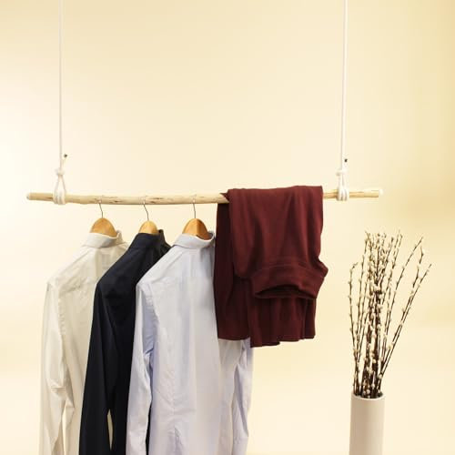 herbeschick.® Hängegarderobe Naturbursche | geschälter Naturstock | weißes Baumwollseil | verschiedene Größen | Made in Germany (Goldene Beschläge, 80 cm Seil; 70 cm Stock)