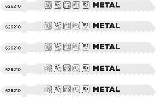 kwb 5x Stichsägeblätter für Metall, grob (geeignet für Aluminium, Blech, Nicht-Eisen Metalle, Acrylglas, Bi-Metall, gewellte und gefräste Zähne, T-Aufnahme)