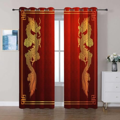 Lot de 2 Rideaux Occultants 117x229 cm Motif de Dragon Chinois Rouge Rideau 3D Design Imprimé Moderne Rideaux à Oeillets Isolation Thermique pour Salon Chambre Maison Bureau Décoration