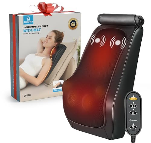 COMFIER Shiatsu MassageKissen mit Wärme, Nackenmassagegerät mit 3D-Knetköpfen, Bürostuhl-Rückenkissen, ideale Geschenke für Männer Frauen