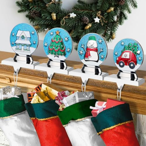Generisch EBANKU Weihnachtsstrumpf Halter, Kaminhaken für Weihnachtsstrümpfe, Rutschfeste, Stabile Kaminsims Strumpfhaken für Weihnachtsferien, Heimdekoration, Silber (4PCS Weihnachtsserie)