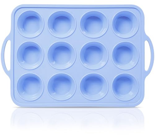 SUPER KITCHEN Muffinform Silikon mit Metallverstärktem Rahmen für 12 Muffins, Standardgröße Muffin Backform mit Griff, Antihaft Muffinblech Silikon, Cupcake Form Groß, Blau