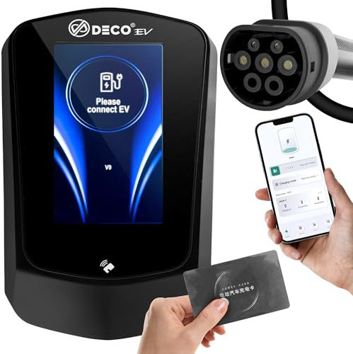 DECO® Apex EV Charger | 7.4kW/32A WallBox | Super Fast EV Charger | 5M Cable Type 2 | Indoor/Outdoor | Black Electric Vehicle Car Charger | UKCA Certified